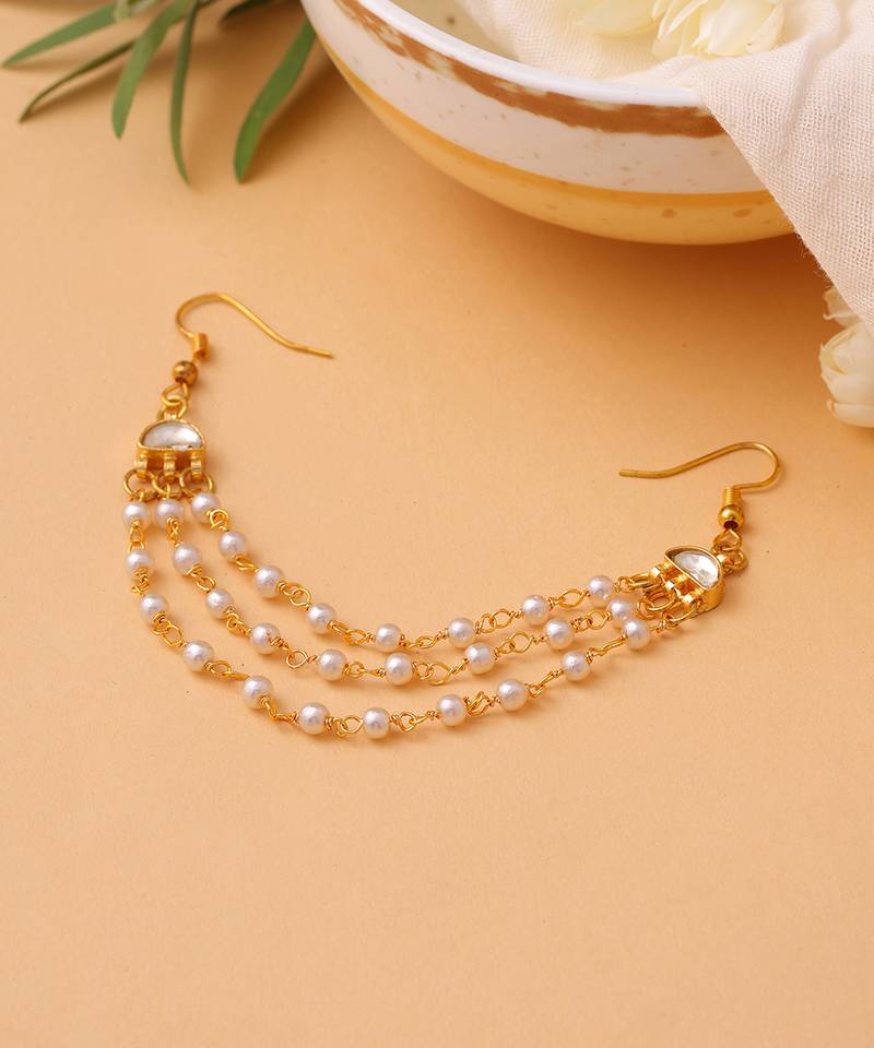Gold plated kundan white beaded multi layered hair pin