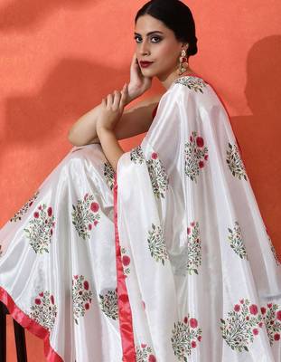 White embellished floral printed digital printed satin saree with blouse piece 4