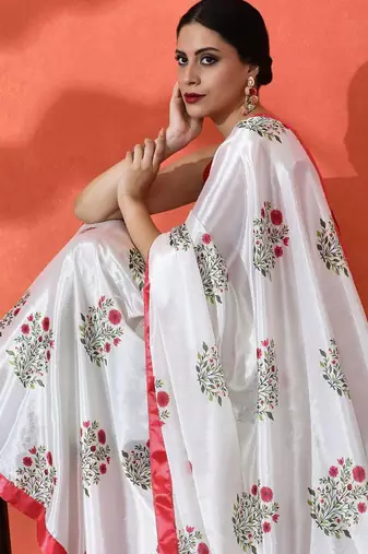 White embellished floral printed digital printed satin saree with blouse piece