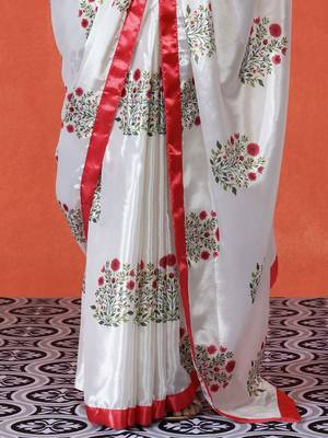 White embellished floral printed digital printed satin saree with blouse piece 5