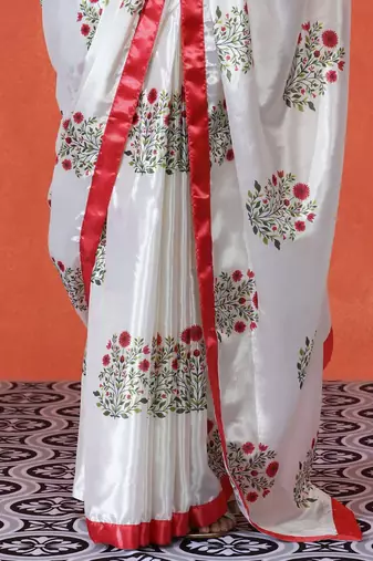 White embellished floral printed digital printed satin saree with blouse piece