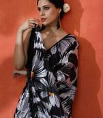 Black embellished floral printed digital printed satin saree with blouse piece