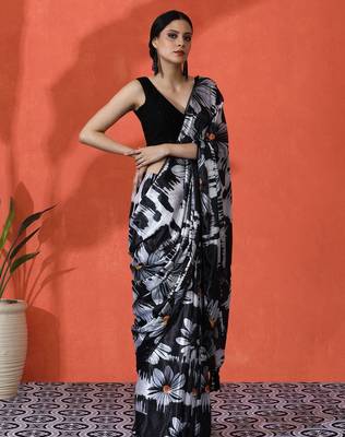 Black embellished floral printed digital printed satin saree with blouse piece 2