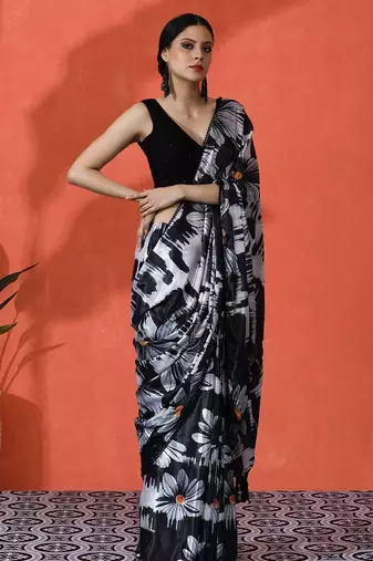 Black embellished floral printed digital printed satin saree with blouse piece