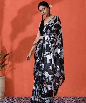 Black embellished floral printed digital printed satin saree with blouse piece 3