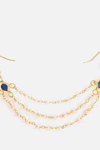 Gold plated kundan blue stone multi layered hair pin