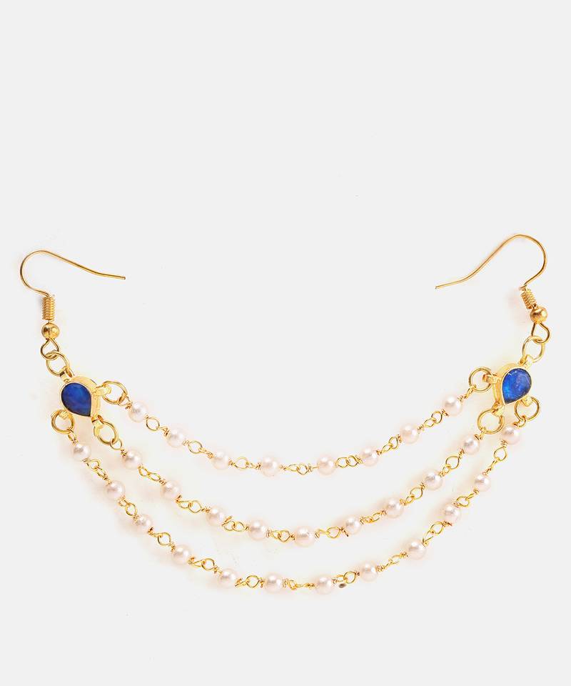 Gold plated kundan blue stone multi layered hair pin
