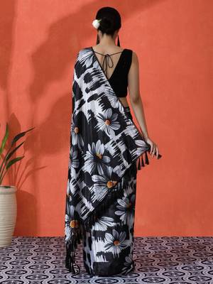 Black embellished floral printed digital printed satin saree with blouse piece 4