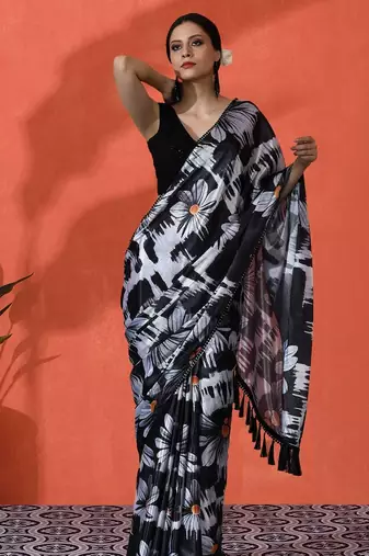 Black embellished floral printed digital printed satin saree with blouse piece