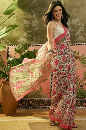 Cream floral printed linen blend zari ready to wear saree