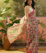 Cream floral printed linen blend zari ready to wear saree