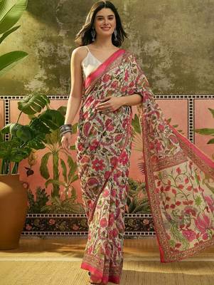 Cream floral printed linen blend zari ready to wear saree 2