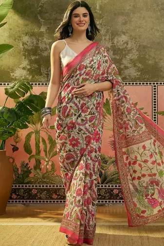 Cream floral printed linen blend zari ready to wear saree