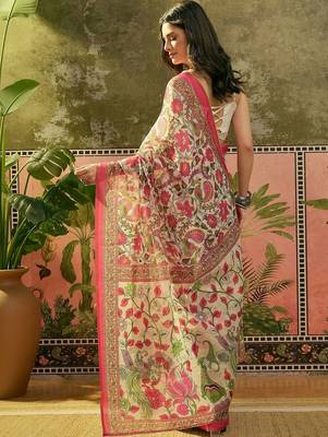 Cream floral printed linen blend zari ready to wear saree 3