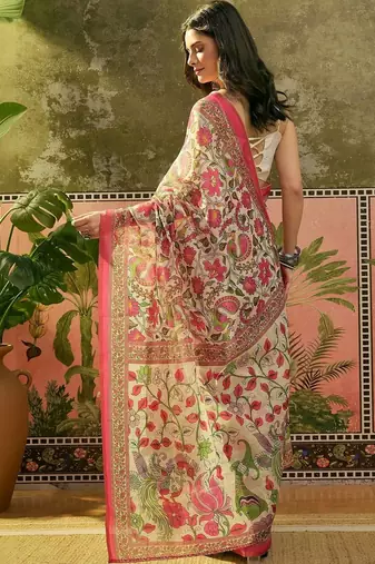 Cream floral printed linen blend zari ready to wear saree