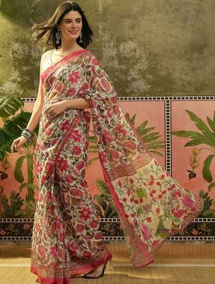 Cream floral printed linen blend zari ready to wear saree 4