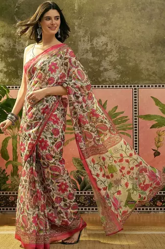 Cream floral printed linen blend zari ready to wear saree