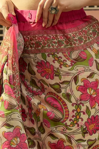 Cream floral printed linen blend zari ready to wear saree