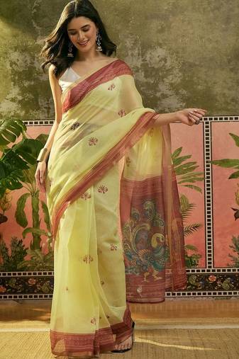 Yellow women ethnic motifs printed linen blend ready to wear saree