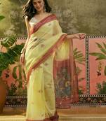 Yellow women ethnic motifs printed linen blend ready to wear saree