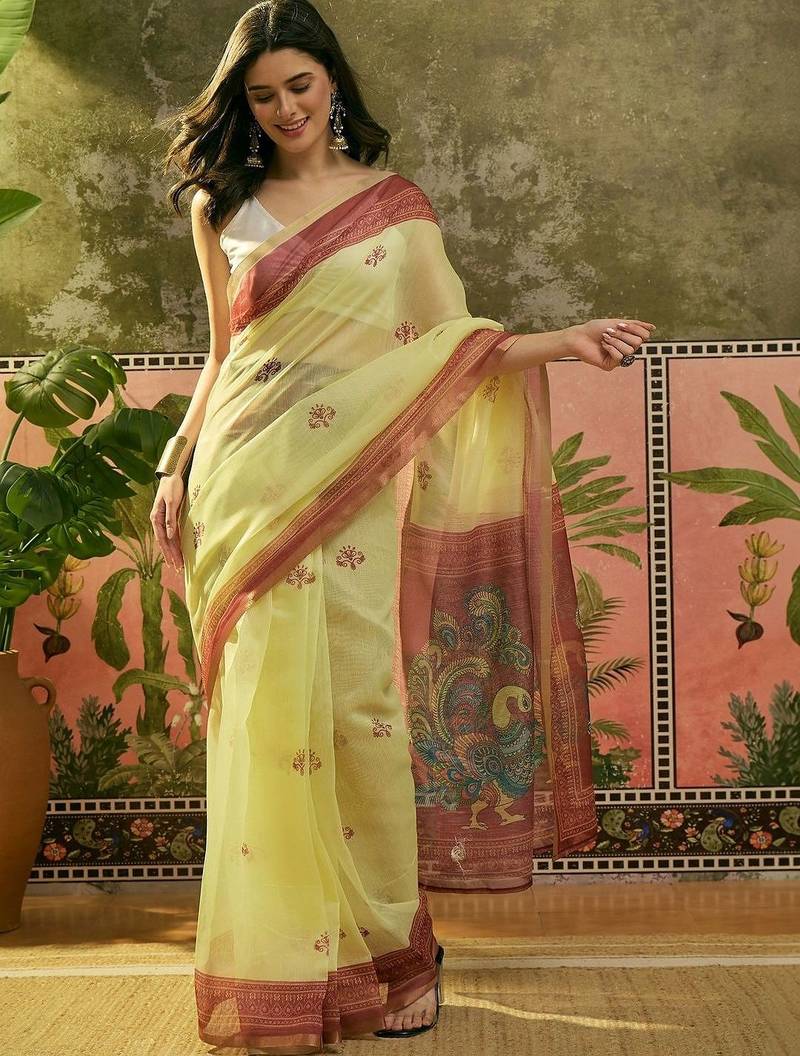 Yellow women ethnic motifs printed linen blend ready to wear saree