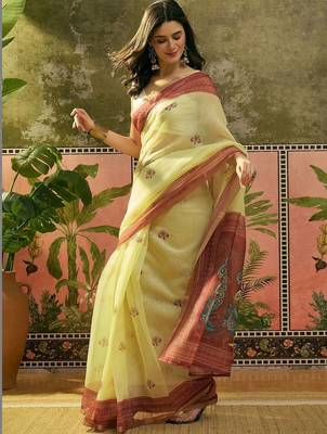Yellow women ethnic motifs printed linen blend ready to wear saree 2