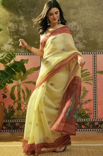 Yellow women ethnic motifs printed linen blend ready to wear saree