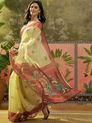 Yellow women ethnic motifs printed linen blend ready to wear saree 3