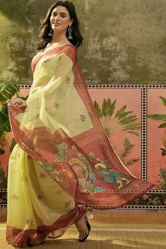 Yellow women ethnic motifs printed linen blend ready to wear saree