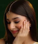 Gold plated kundan grey beaded maang tikka with earrings