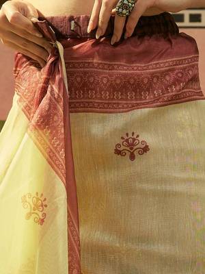 Yellow women ethnic motifs printed linen blend ready to wear saree 4