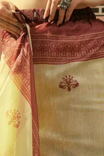 Yellow women ethnic motifs printed linen blend ready to wear saree