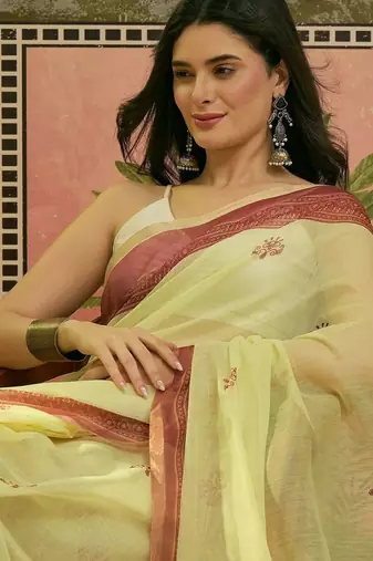 Yellow women ethnic motifs printed linen blend ready to wear saree