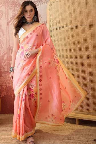 Peach women floral printed linen blend ready to wear saree