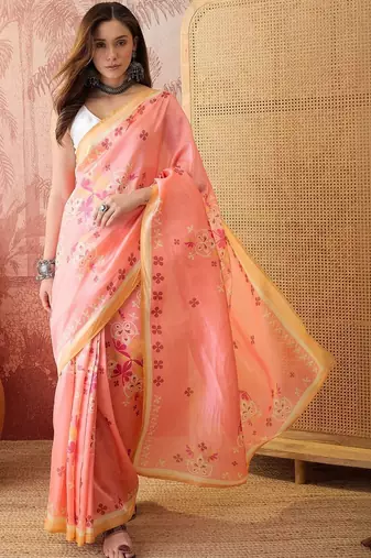 Peach women floral printed linen blend ready to wear saree
