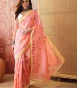 Peach women floral printed linen blend ready to wear saree