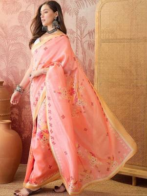 Peach women floral printed linen blend ready to wear saree 2