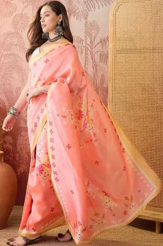 Peach women floral printed linen blend ready to wear saree