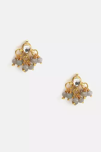 Gold plated kundan grey beaded maang tikka with earrings