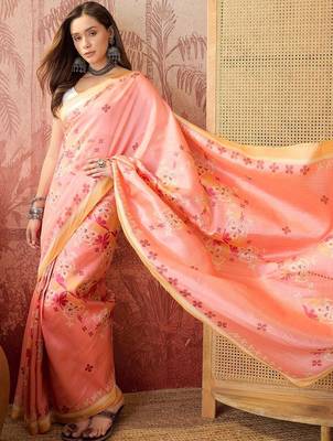 Peach women floral printed linen blend ready to wear saree 3