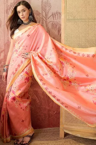 Peach women floral printed linen blend ready to wear saree