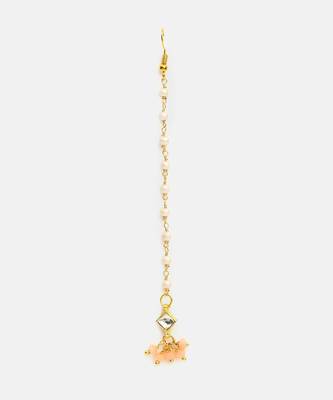Gold plated kundan peach beaded maang tikka with earrings 2