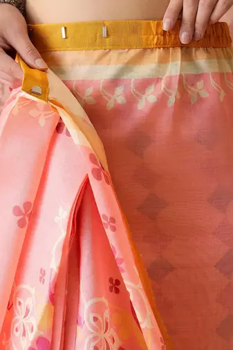Peach women floral printed linen blend ready to wear saree