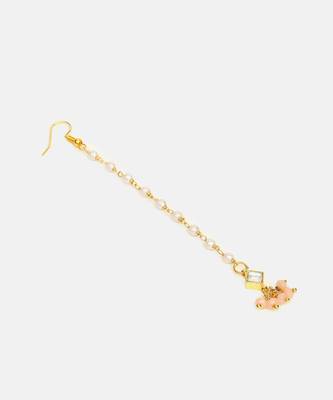 Gold plated kundan peach beaded maang tikka with earrings 3