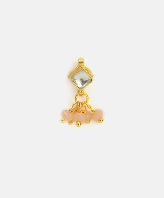 Gold plated kundan peach beaded maang tikka with earrings 4