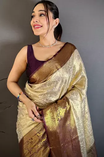 Cream floral woven design zari kanjeevaram saree with unstitched blouse piece