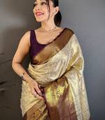 Cream floral woven design zari kanjeevaram saree with unstitched blouse piece