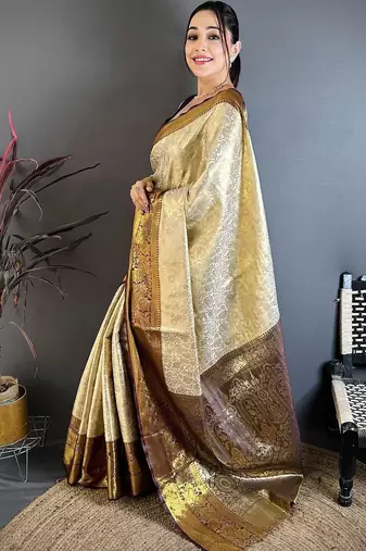 Cream floral woven design zari kanjeevaram saree with unstitched blouse piece
