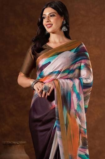 Brown abstract printed satin saree with unstiched blouse