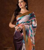 Brown abstract printed satin saree with unstiched blouse